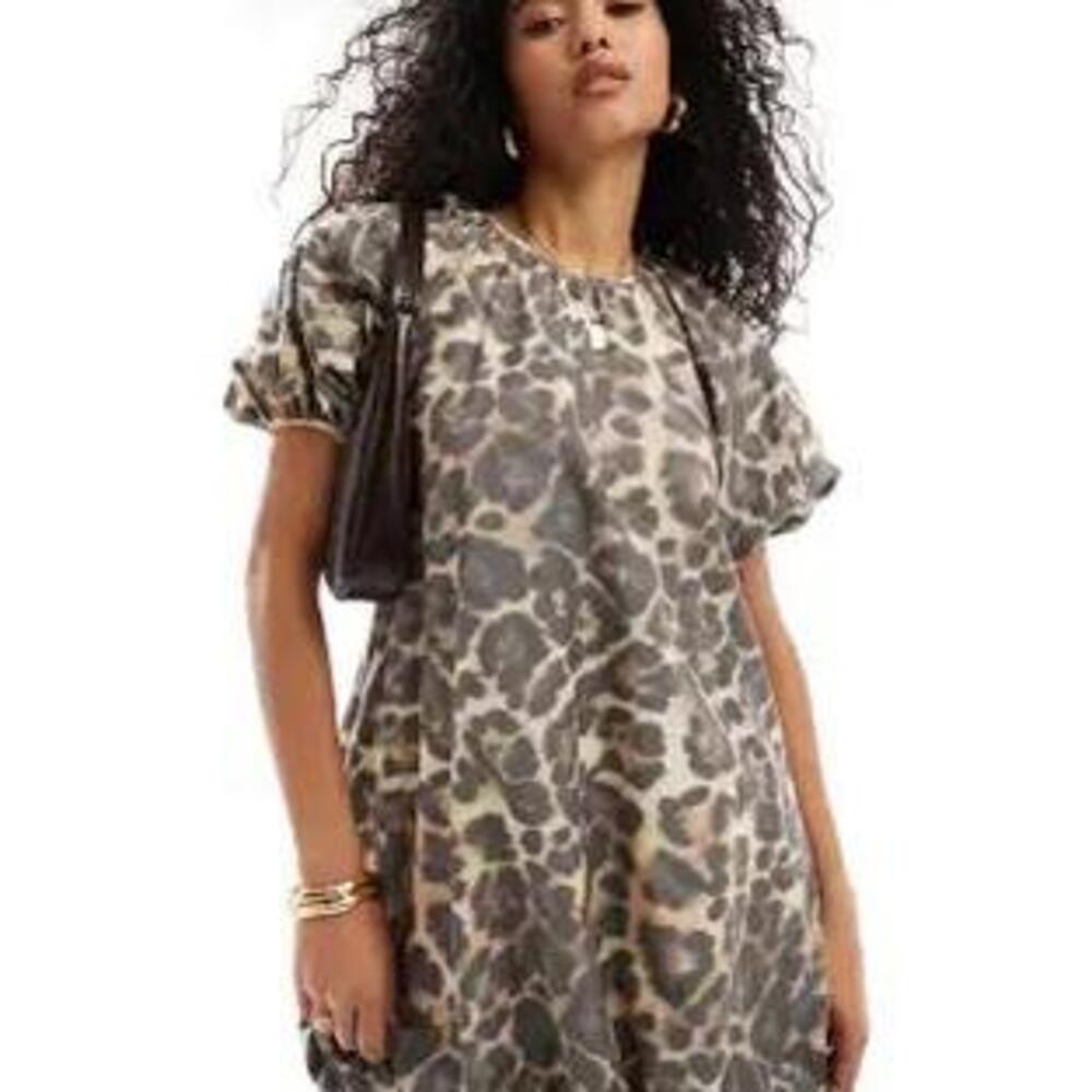 ASOS DESIGN puffed smock mini dress in leopard print